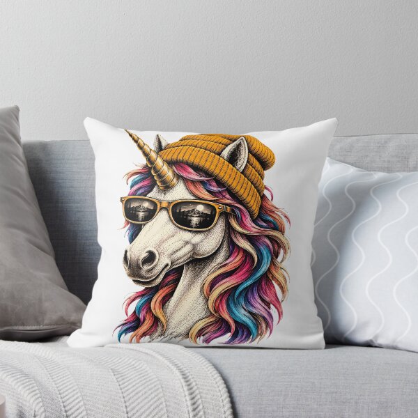 Item preview, Retro Unicorn with Rainbow Hair and Orange Beanie – Vintage Fantasy Art designed and sold by Nicolelynndecor.