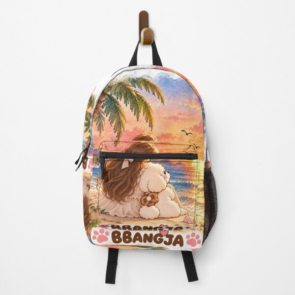 Item preview, BBANGJA – Cute Puppy and Girl Watching Sunset on the Beach | Heartwarming Dog Lover Watercolor Art designed and sold by Windy-market.