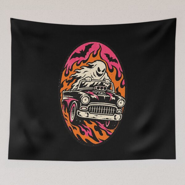 Item preview, Ghost Driver Hot Rod – Retro Halloween Flaming Car designed and sold by Simon-art-land.