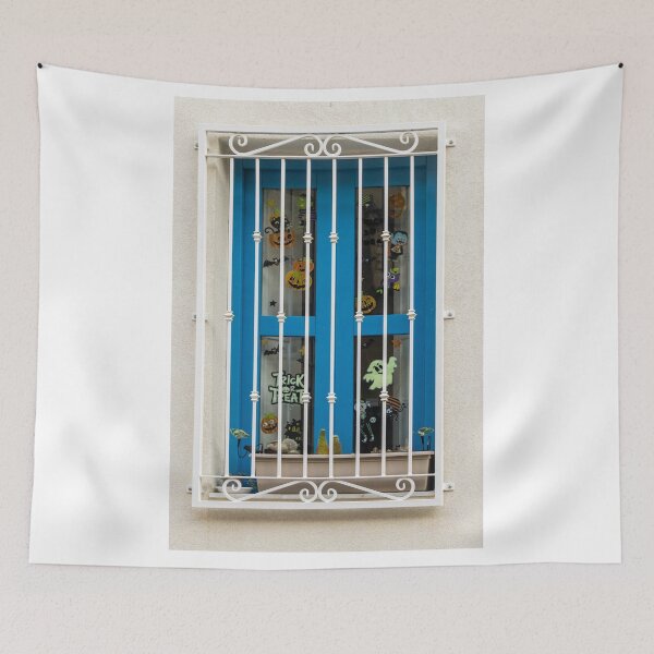 Item preview, Blue Window With White Iron Bars and Halloween Decorations Saying Trick Or Treat designed and sold by Nmallia.