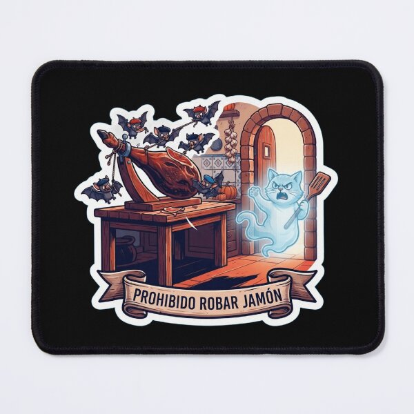 Item preview, Prohibido Robar Jamon - Funny Halloween Ghost Cat & Bats Stealing Ham designed and sold by UkrainianSpain.