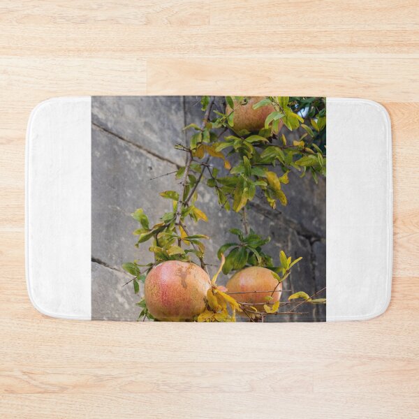Item preview, Ripe Pomegranates Hanging From Branches With Green Leaves Against A Stone Wall designed and sold by Nmallia.