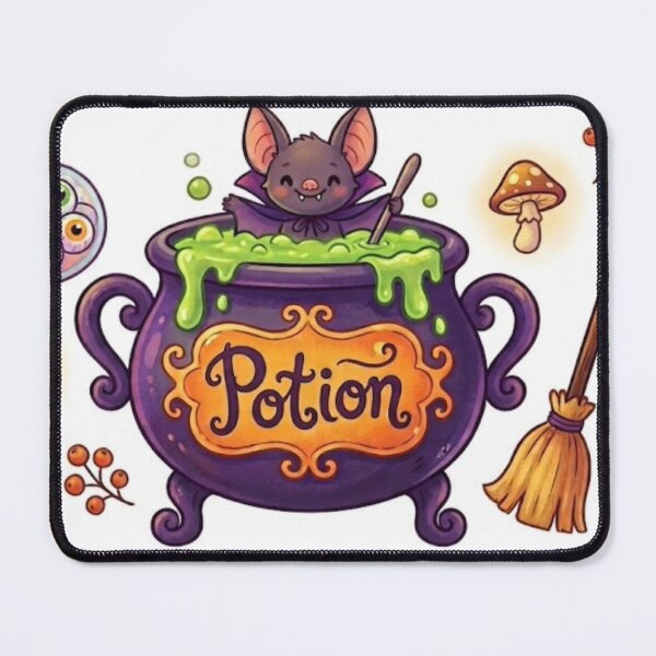 Item preview, Halloween magic potion cauldron with bat, witch's broom and eyes on a white background designed and sold by GrafikShopCo.