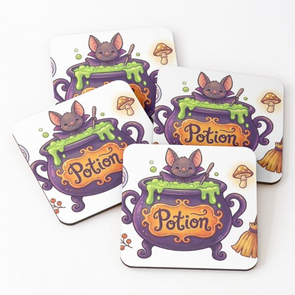 Item preview, Halloween magic potion cauldron with bat, witch's broom and eyes on a white background designed and sold by GrafikShopCo.