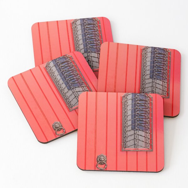Item preview, Red Paneled Door With Lion Knocker And Narrow Grilled Window On Urban Facade designed and sold by Nmallia.