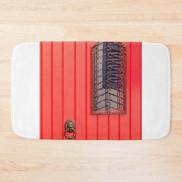 Item preview, Red Paneled Door With Lion Knocker And Narrow Grilled Window On Urban Facade designed and sold by Nmallia.