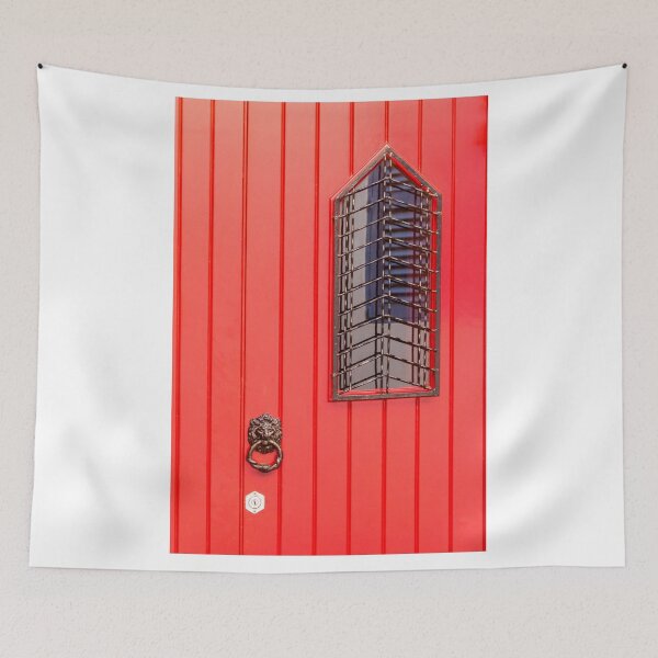 Item preview, Red Paneled Door With Lion Knocker And Narrow Grilled Window On Urban Facade designed and sold by Nmallia.