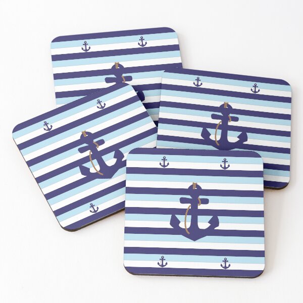 Item preview, Nautical anchor navy blue pale blue striped pattern designed and sold by fluffyfamcraft.