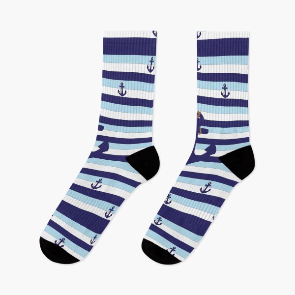Item preview, Nautical anchor navy blue pale blue striped pattern designed and sold by fluffyfamcraft.