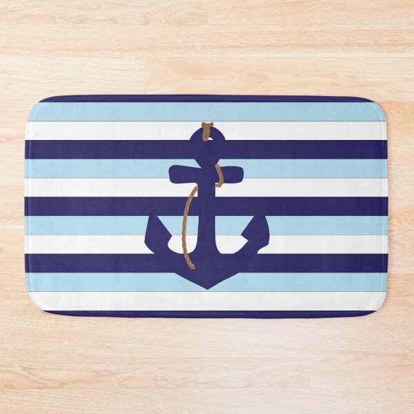 Item preview, Nautical anchor navy blue pale blue striped pattern designed and sold by fluffyfamcraft.