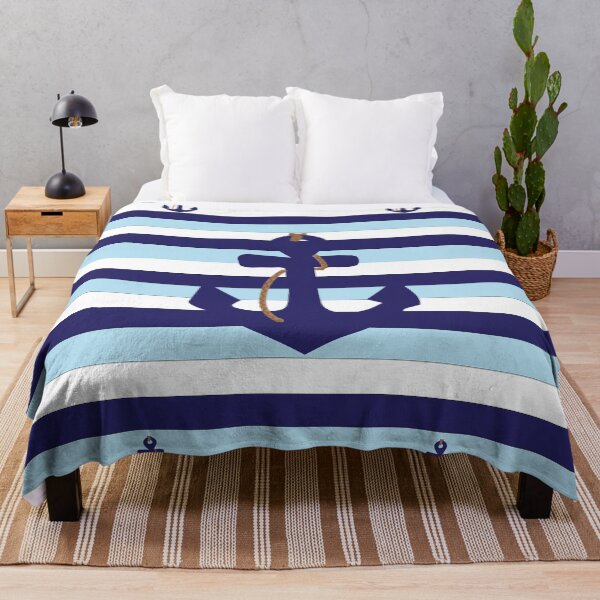 Item preview, Nautical anchor navy blue pale blue striped pattern designed and sold by fluffyfamcraft.