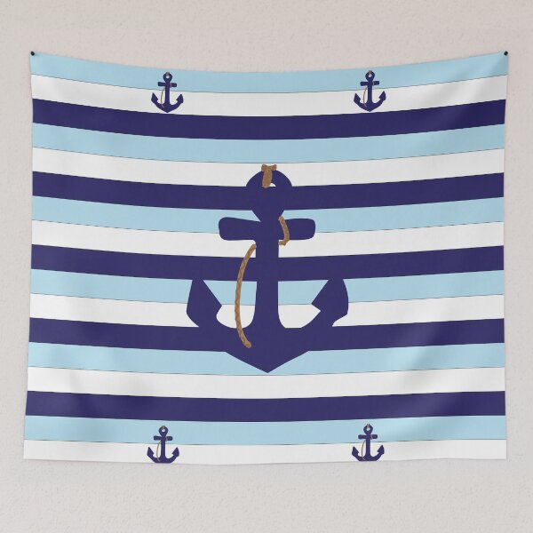 Item preview, Nautical anchor navy blue pale blue striped pattern designed and sold by fluffyfamcraft.
