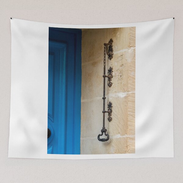 Item preview, Blue Door With Antique Iron Latch And Ornate Handle On Stone Exterior Entrance designed and sold by Nmallia.