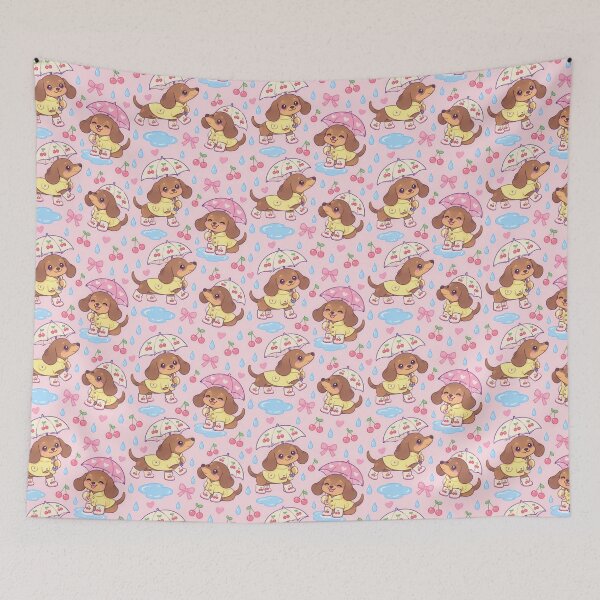 Item preview, Kawaii Dachshund Rainy Day Pattern with Cherry Rain Boots and Pink Umbrellas designed and sold by Soft Berry Studio.