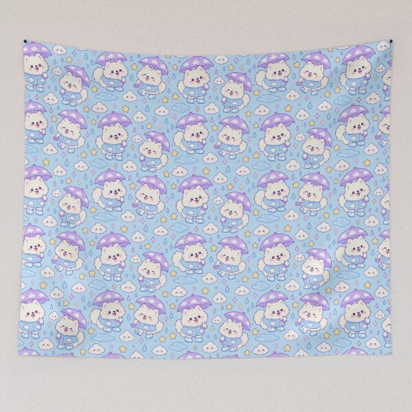Item preview, Kawaii Samoyed Rainy Day Pattern with Cloud Rain Boots and Lavender Umbrellas designed and sold by Soft Berry Studio.
