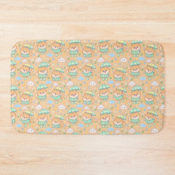 Item preview, Kawaii Pomeranian Rainy Day Pattern with Daisy Rain Boots and Mint Raincoats designed and sold by Soft Berry Studio.
