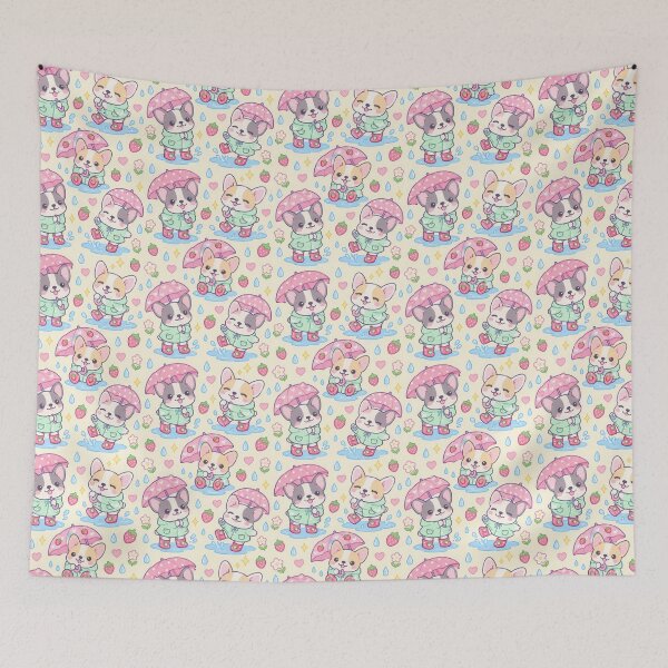 Item preview, Kawaii French Bulldog Rainy Day Pattern with Strawberry Rain Boots designed and sold by Soft Berry Studio.