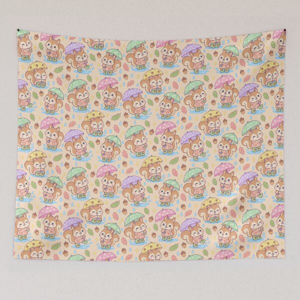 Item preview, Kawaii Squirrel Rainy Day Pattern with Acorn Rain Boots and Pastel Umbrellas designed and sold by Soft Berry Studio.