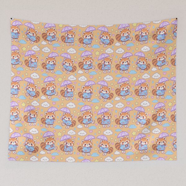 Item preview, Kawaii Red Panda Rainy Day Pattern with Cherry Rain Boots and Lavender Umbrellas designed and sold by Soft Berry Studio.