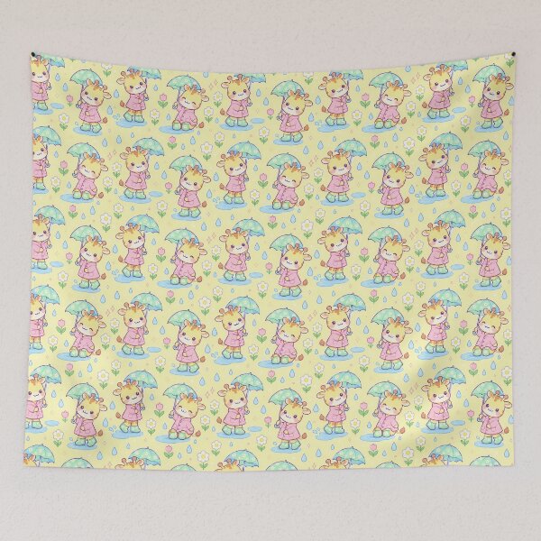 Item preview, Kawaii Rainy Day Giraffe Pattern with Daisy Rain Boots and Mint Umbrellas designed and sold by Soft Berry Studio.