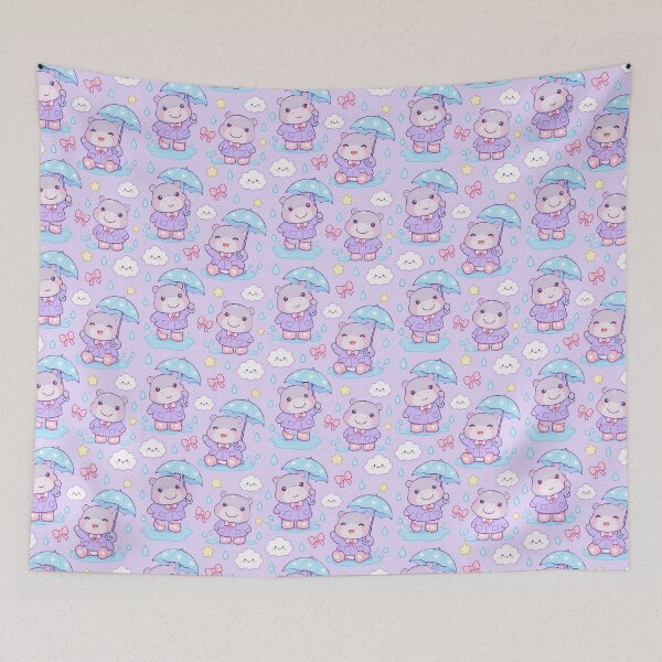 Item preview, Kawaii Rainy Day Hippo Pattern with Heart Rain Boots and Blue Umbrellas designed and sold by Soft Berry Studio.