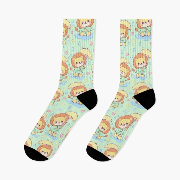 Item preview, Kawaii Rainy Day Lion Pattern with Star Rain Boots and Yellow Umbrellas designed and sold by Soft Berry Studio.