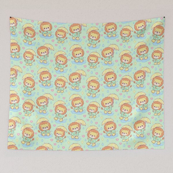 Item preview, Kawaii Rainy Day Lion Pattern with Star Rain Boots and Yellow Umbrellas designed and sold by Soft Berry Studio.