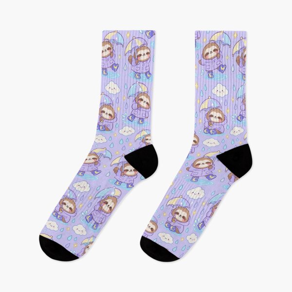 Item preview, Kawaii Rainy Day Sloth Pattern with Moon Rain Boots and Pastel Umbrellas designed and sold by Soft Berry Studio.
