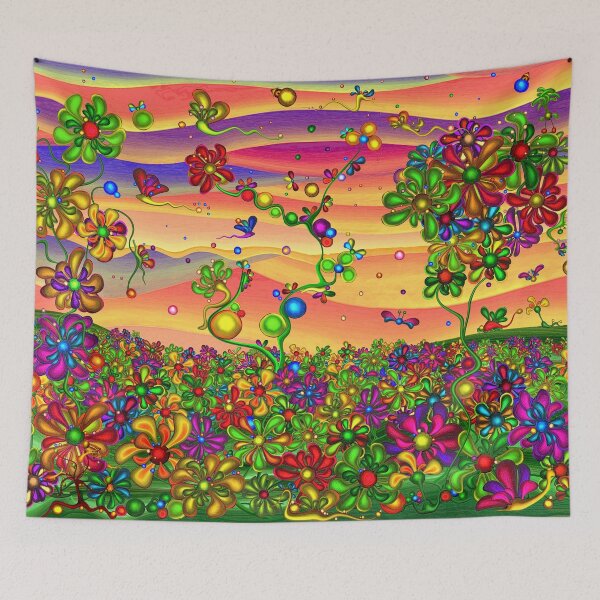 Item preview, Psychedelic Floral Fantasy Garden – Groovy Rainbow Flowers Under a Pink Sunset Sky | Dopamine Decor designed and sold by Ofir mor.