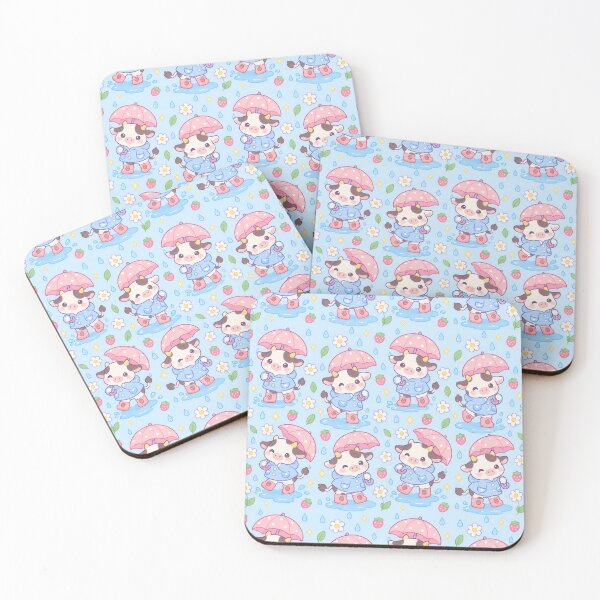 Item preview, Kawaii Rainy Day Cow Pattern with Strawberry Rain Boots and Pink Umbrellas designed and sold by Soft Berry Studio.