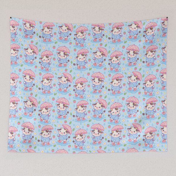 Item preview, Kawaii Rainy Day Cow Pattern with Strawberry Rain Boots and Pink Umbrellas designed and sold by Soft Berry Studio.