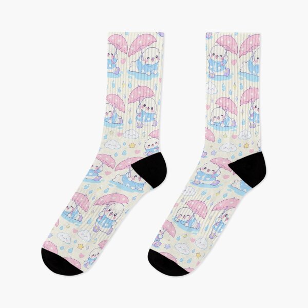 Item preview, Kawaii Rainy Day Seal Pattern with Star Rain Boots and Pink Umbrellas designed and sold by Soft Berry Studio.