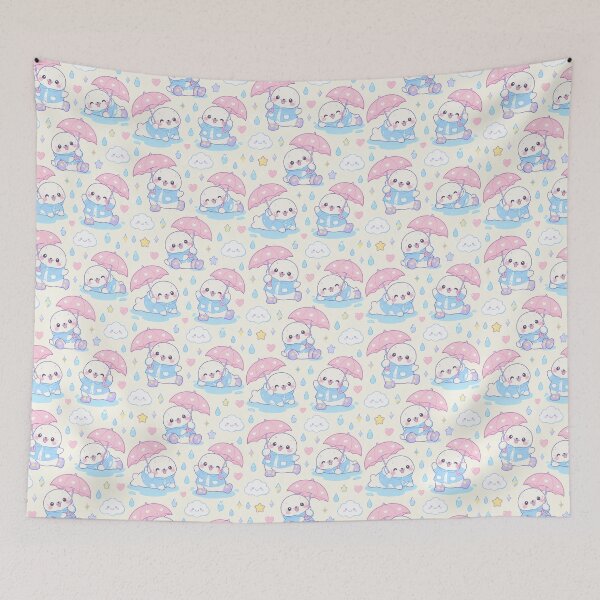Item preview, Kawaii Rainy Day Seal Pattern with Star Rain Boots and Pink Umbrellas designed and sold by Soft Berry Studio.