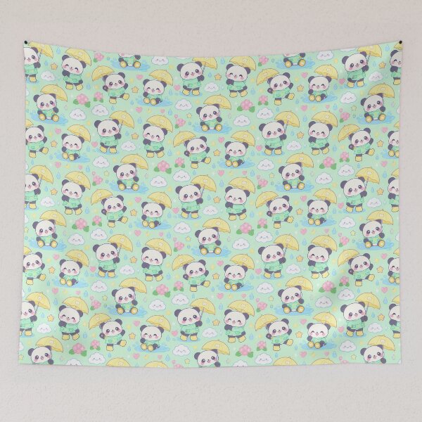 Item preview, Kawaii Rainy Day Panda Pattern with Yellow Rain Boots and Cute Umbrellas designed and sold by Soft Berry Studio.