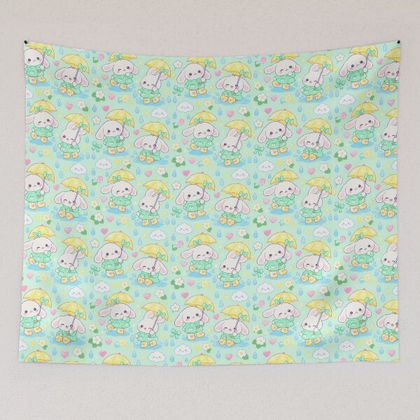 Item preview, Kawaii Rainy Day Bunny Pattern with Heart Rain Boots and Yellow Umbrellas designed and sold by Soft Berry Studio.
