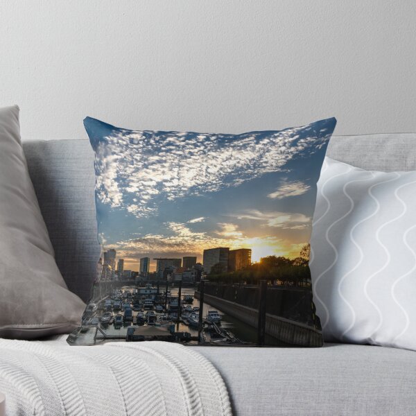 Item preview, Düsseldorf Media Harbour at sunset with sun reflection and small clouds designed and sold by Your Happy Life.
