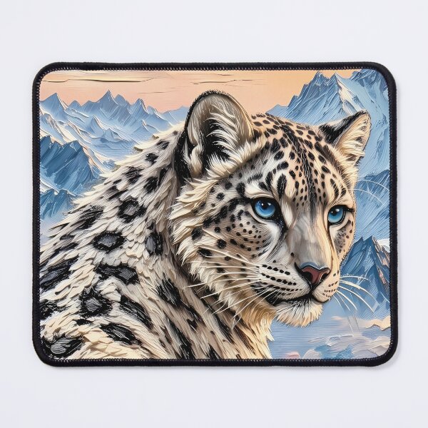 Item preview, Snow Leopard with Blue Eyes in Snowy Mountains – Winter Oil Painting Art designed and sold by ManJiangHong.