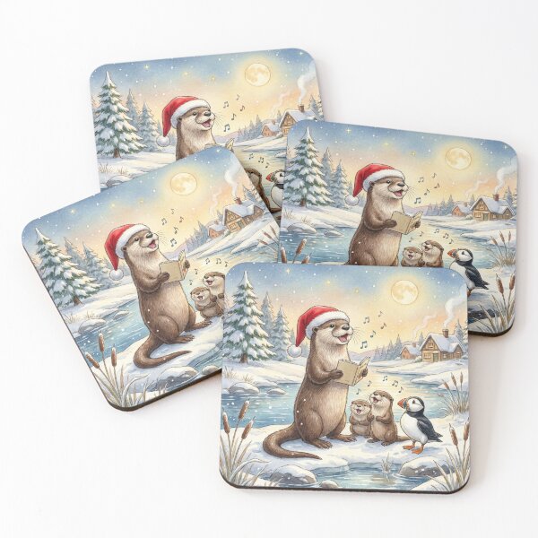 Item preview, Cute Christmas Carolling Otters and Puffin Winter Watercolour Illustration designed and sold by Englandbear.