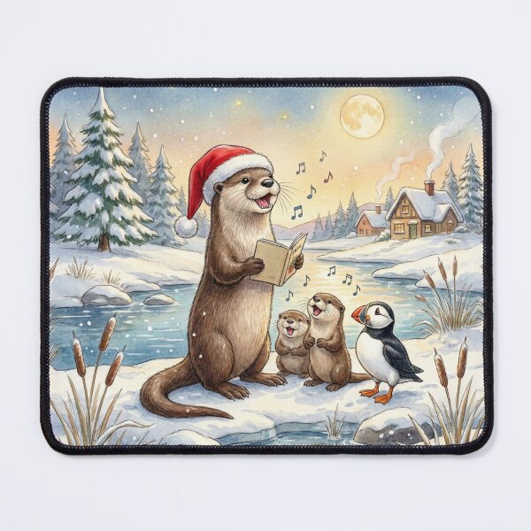 Item preview, Cute Christmas Carolling Otters and Puffin Winter Watercolour Illustration designed and sold by Englandbear.