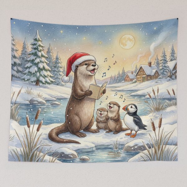 Item preview, Cute Christmas Carolling Otters and Puffin Winter Watercolour Illustration designed and sold by Englandbear.