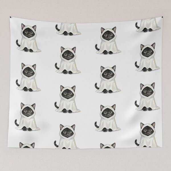 Item preview, Black cat in a ghost costume designed and sold by PrintLabStudio.
