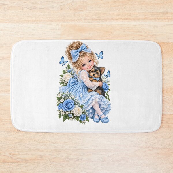 Item preview, Cute little princess with blue dress surrounded by flowers hugging puppy designed and sold by Afnan Store.