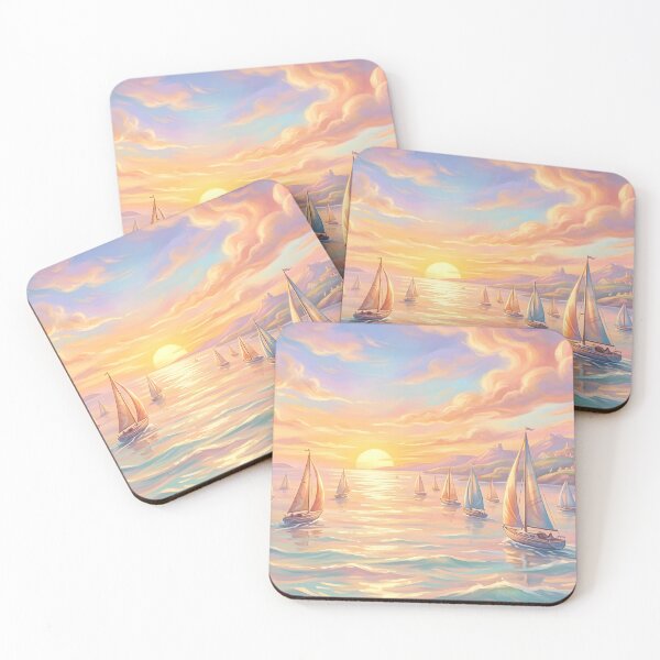 Item preview, Sailboats gliding across a tranquil ocean bay at sunset under a dramatic painted sky. designed and sold by homydesign.