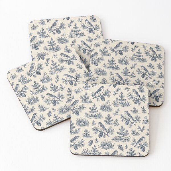 Item preview, Kirtlands Warbler Toile Pattern | Navy Blue Toile de Jouy with Songbirds, Jack Pines and Pine Cones designed and sold by StickyGuys.
