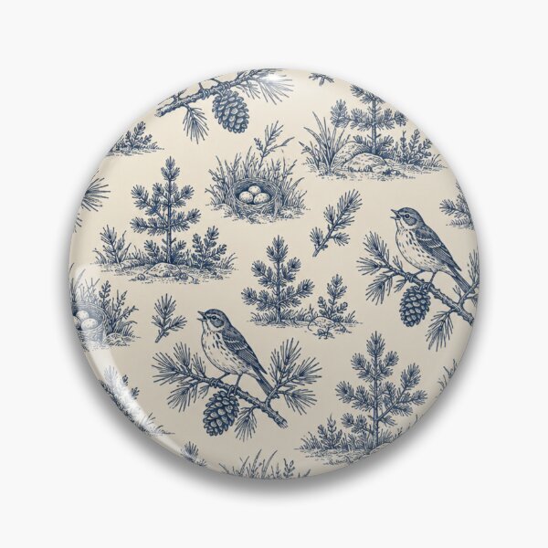 Item preview, Kirtlands Warbler Toile Pattern | Navy Blue Toile de Jouy with Songbirds, Jack Pines and Pine Cones designed and sold by StickyGuys.