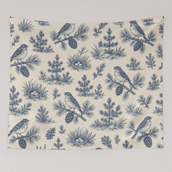 Item preview, Kirtlands Warbler Toile Pattern | Navy Blue Toile de Jouy with Songbirds, Jack Pines and Pine Cones designed and sold by StickyGuys.