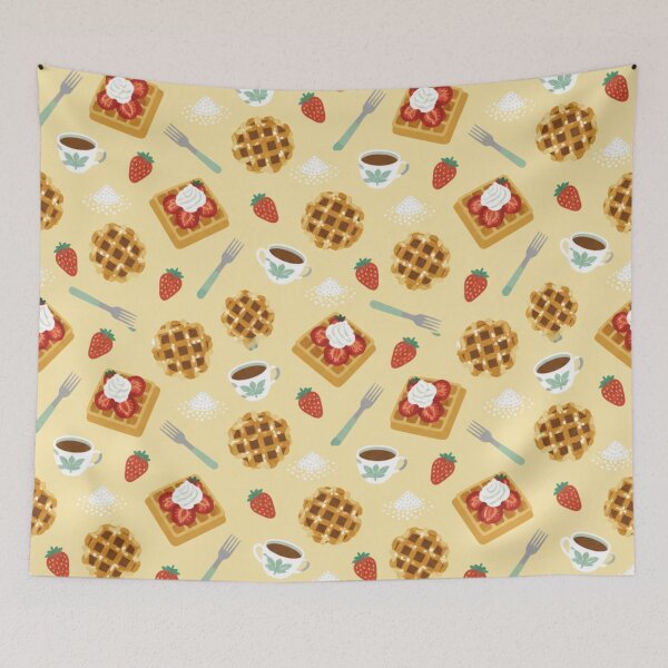 Item preview, Belgian Waffle Retro Food Pattern | Waffles with Strawberries, Whipped Cream, Liege Waffles and Coffee designed and sold by StickyGuys.
