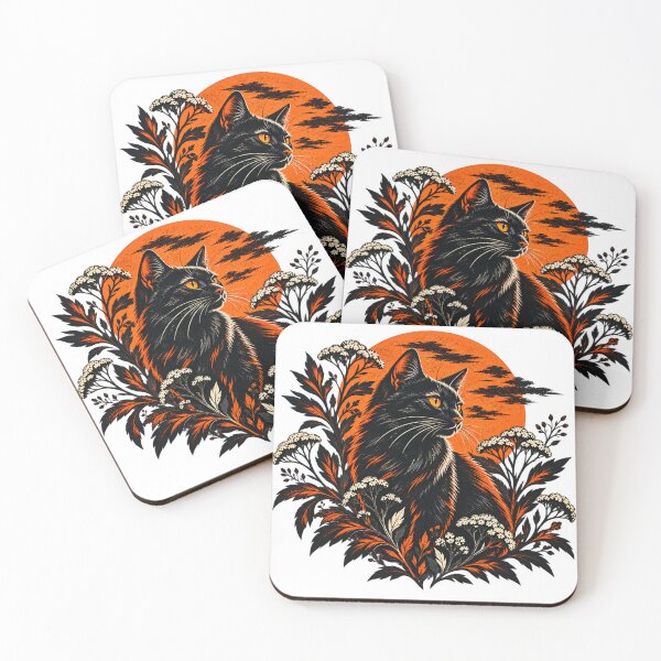 Item preview, Midnight Familiar – Black Cat Beneath an Orange Moon with Dark Forest Silhouettes designed and sold by GingaArt.