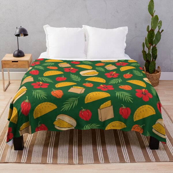 Item preview, Jamaican Patty Food Pattern | Beef Patties, Coco Bread, Scotch Bonnet Peppers and Hibiscus on Green designed and sold by StickyGuys.