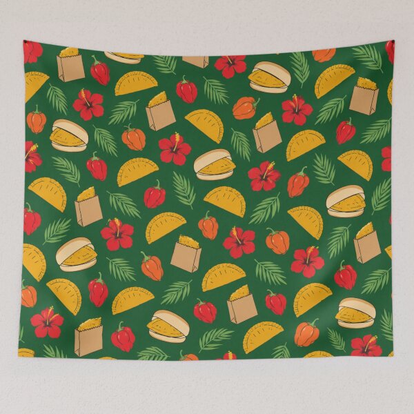 Item preview, Jamaican Patty Food Pattern | Beef Patties, Coco Bread, Scotch Bonnet Peppers and Hibiscus on Green designed and sold by StickyGuys.